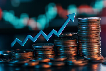 Business finance and investment growth, capital gain, and economic success. Stacks of coins with financial chart, rising market trends, wealth management, profit increase, and global economy concept.