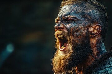Intense warrior displaying raw emotion during a dramatic battle scene at dusk in a rugged, outdoor setting