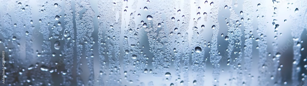 Poster rainy city window with abstract water droplets on glass creating a blurred moody view of the urban l