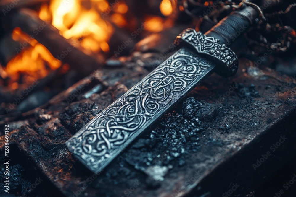 Aufkleber intricate sword design rests among glowing embers in a blacksmith workshop as fire crackles and spar