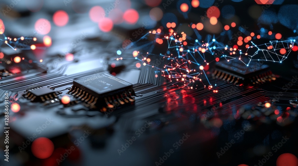 Poster a futuristic server processes code on a circuit board, set against a technological background of ora