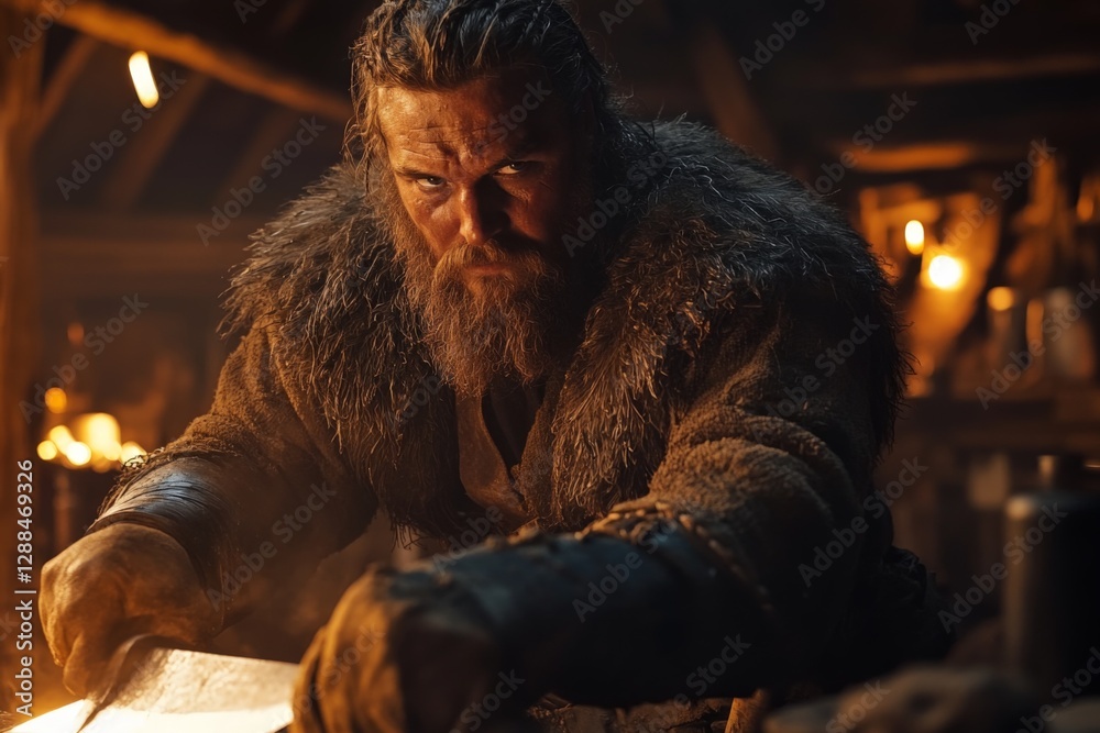 Poster intense blacksmith working in a rustic forge during the medieval period, showcasing craftsmanship an