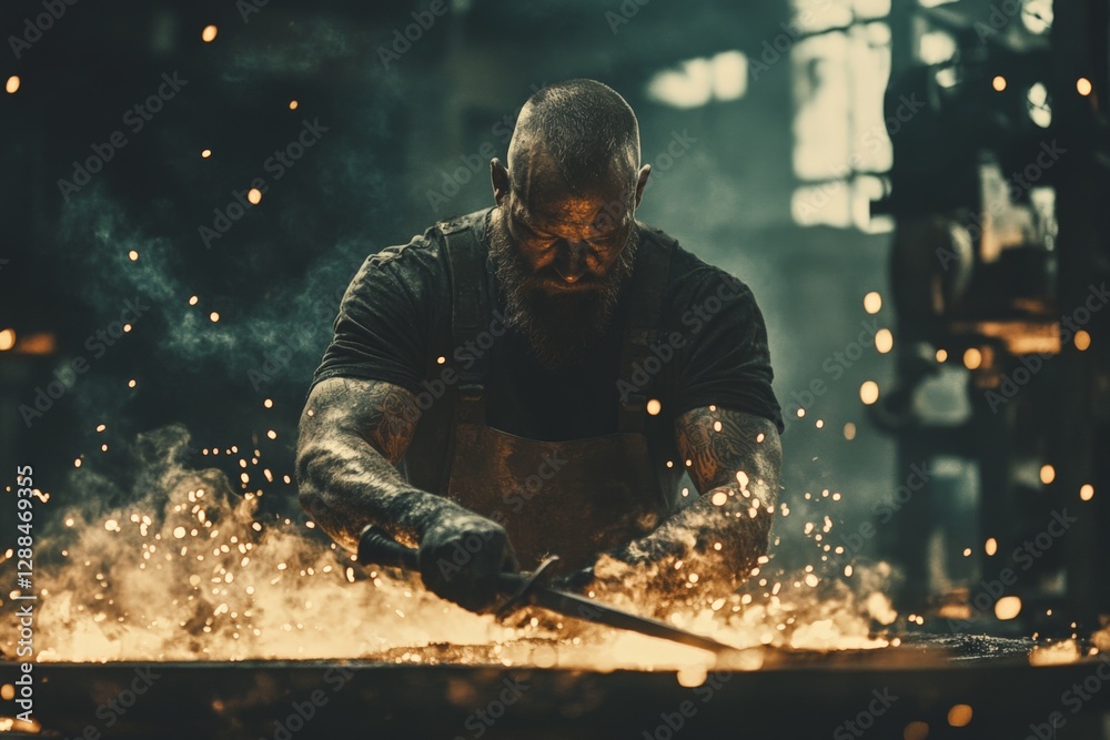 Poster blacksmith creating metalwork in an industrial workshop surrounded by sparks and smoke