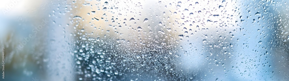 Poster rainy day atmosphere captured through the glass window with water droplets and blurred reflections o