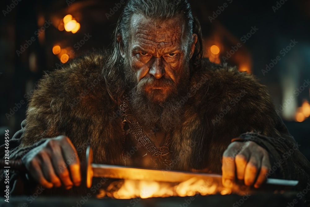 Poster skilled blacksmith forging a sword in a dimly lit workshop filled with glowing embers and tools