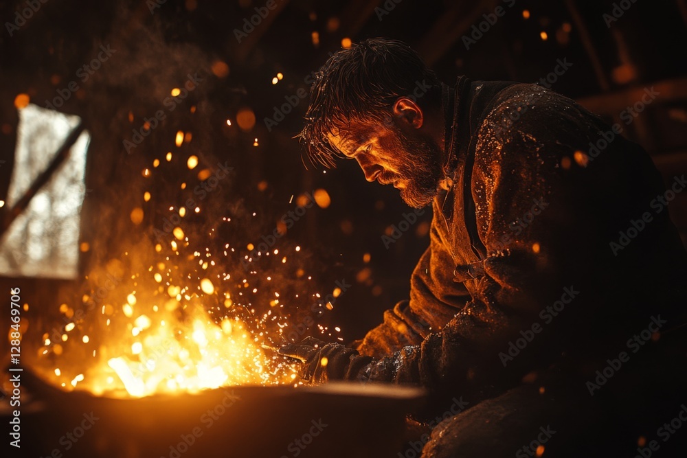 Poster blacksmith shaping metal in a rustic workshop during evening hours