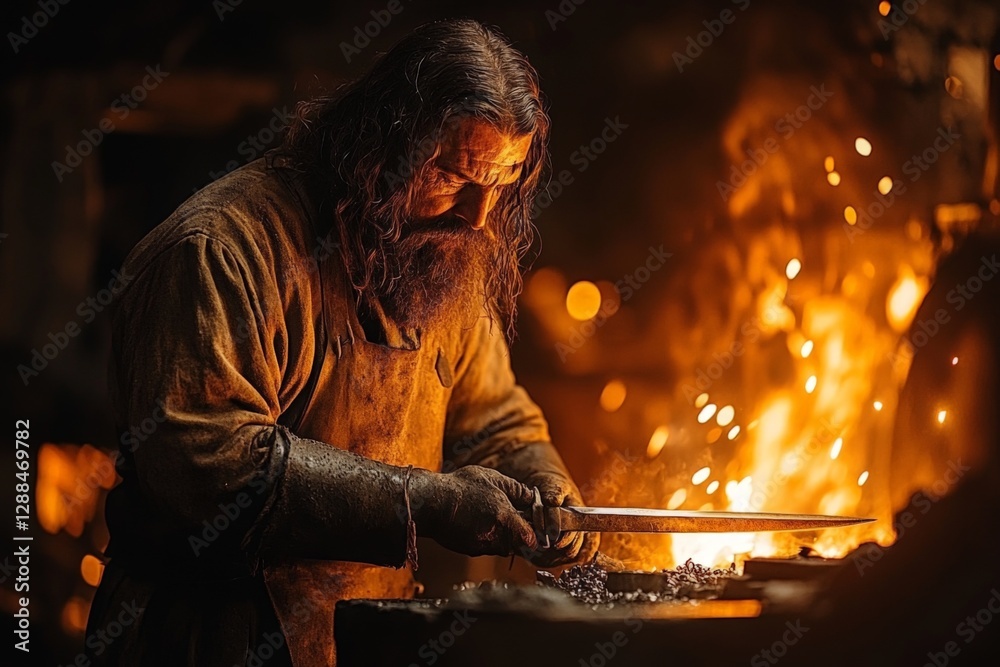 Poster skilled blacksmith crafting a sword in a dimly lit forge with glowing embers