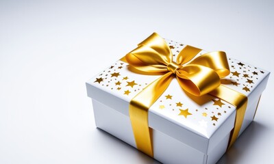 Elegant gift box with gold ribbon and star pattern on white background