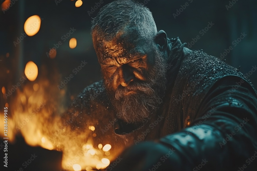 Poster craftsman focusing on metalwork in a dimly lit forge during the evening hours with glowing embers an