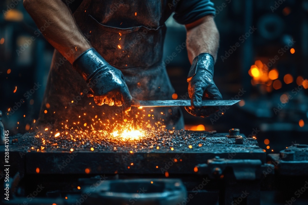 Aufkleber Blacksmith creating a custom knife in a traditional forge with glowing embers and flying sparks in the workshop