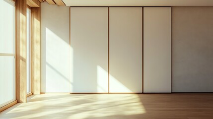 A bright, minimalist room features large windows and light wood accents, creating a serene and spacious atmosphere.