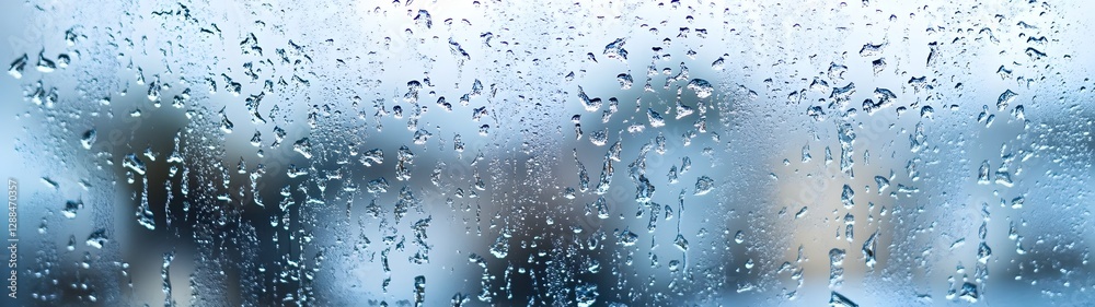 Poster Rainy day window with water droplets and blurred outdoor scene  Abstract background with nature weather and environmental elements  Wet glass reflection transparency and minimalist design