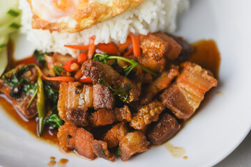 Crispy pork basil rice with fried egg