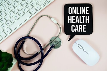 Online Healthcare text on speech bubble with stethoscope, optical mouse and trolley shopping cart on pink background