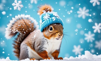 Squirrel in a snowy winter wonderland with cozy blue hat