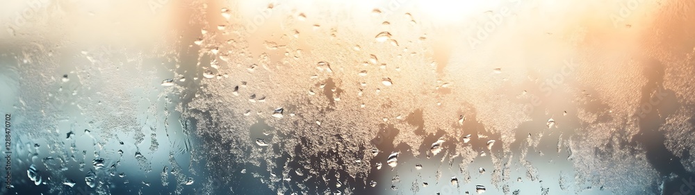 Poster Rainy day window with water droplets and glass reflection creating an abstract atmospheric and contemplative background  The blurred misty and hazy texture evokes a sense of tranquility and solitude
