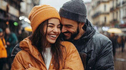 Signal an Joy concept, A joyful couple embraces in the snow, radiating warmth and happiness amid a winter scene.
