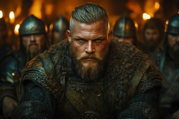 Obraz premium Rugged warrior leading fierce soldiers in a dramatic medieval gathering in a dimly lit hall