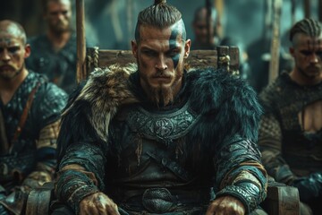 Obraz premium Warrior leader seated on throne amid followers in a historical battle setting inspired by ancient cultures