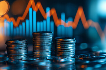 Business finance and investment growth, capital gain, and economic success. Stacks of coins with financial chart, rising market trends, wealth management, profit increase, and global economy concept.