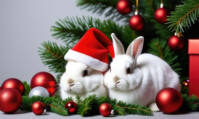 Obraz premium Festive white rabbits in santa hat amid christmas decorations