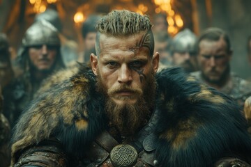 Fototapeta premium Moody gathering of Viking warriors in a mysterious forest during a tense moment before battle