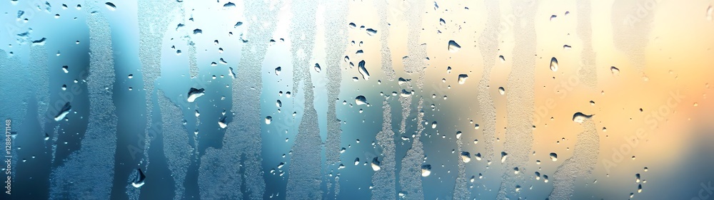 Poster rainy window glass with transparent water droplets reflecting the blurred out of focus outdoor scene