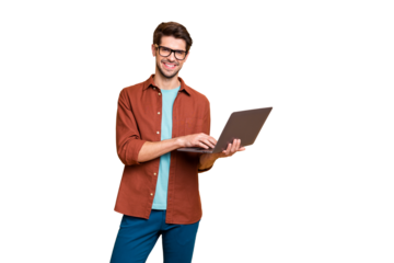 Portrait of his he nice attractive cheerful cheery successful content smart clever brunet guy agent broker holding in hands laptop working isolated over beige color pastel background