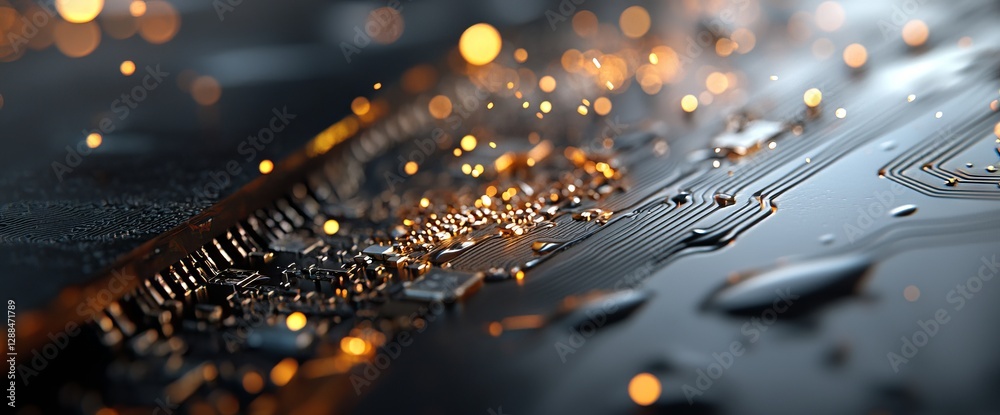 Poster a futuristic server featuring a printed circuit board is shown processing code, set against an orang