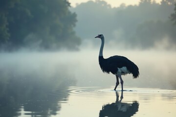 Elegant ostrich wading through shallow lake on serene morning, misty background, peaceful scene, tranquility