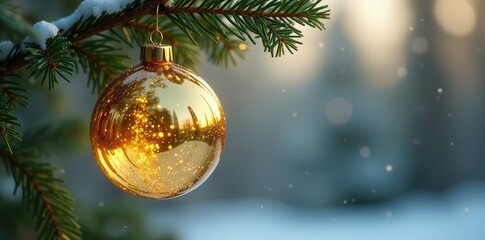 Elegant gold glass sphere suspended from a pine tree branch, winter, foliage