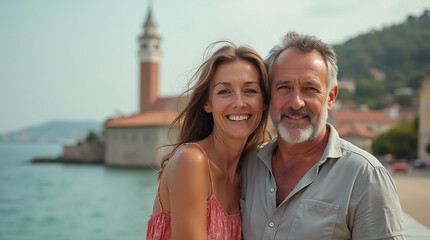 Obraz premium Portrait of a Couple on Vacation with a Historic European Hotel in the Background, Capturing Romance and Travel 