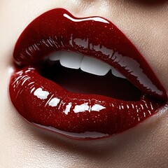 Glossy lips, shiny red lipstick on caucasian woman, closeup shot, bright light