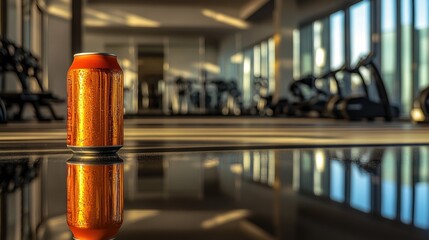 Gym soda can reflection, workout equipment background