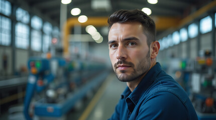 Obraz premium Portrait of an Engineer Looking into the Frame with a Production Facility in the Background, Representing Industry and Technology 