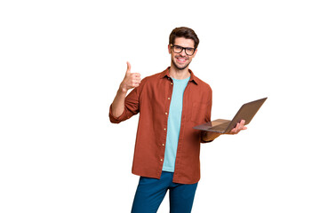 Portrait of his he nice attractive cheerful cheery successful content brunet guy holding in hands...