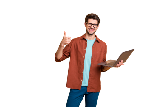 Portrait of his he nice attractive cheerful cheery successful content brunet guy holding in hands laptop showing thumbup isolated over beige color pastel background - Powered by Adobe