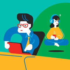 Work balance, a guy with glasses is working on a laptop, a girl sis in a lotus position with a cup of coffee or tea and listens to music with headphones. Full color Illustration