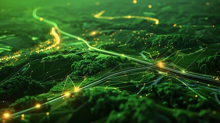 A futuristic rendering of a road network with glowing lines overlayed on a green landscape.