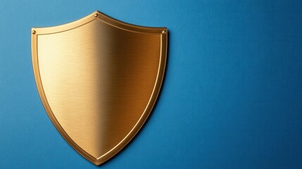 A shiny golden shield displayed against a blue background, symbolizing protection, security, and strength.