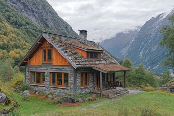 Obraz premium Charming wooden cabin surrounded by mountains and trees in a serene valley setting during cloudy weather