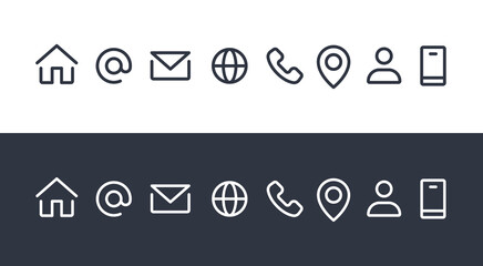 Contact Icons Set: Home, Phone, Mobile, Email, Address, Location, Website, Globe, – Vector Collection. Contact Us Linear Vector icons.
