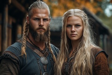 Fototapeta premium Nordic warriors pose together in a rustic village setting during autumn, highlighting historical attire and culture