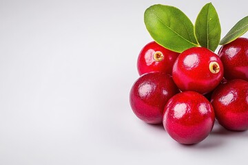 Obraz premium Cranberries with leaves isolated on a white background, studio shot, highangle view, soft lighting, highresolution photography, realistic, professional photo shoot