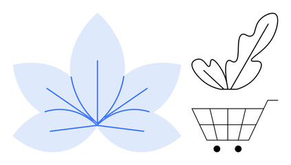 Large blue leaf with thin veins, black outline leaf in shopping cart. Ideal for e-commerce, sustainability, eco-friendly products, nature integration, modern design, digital marketing, abstract line