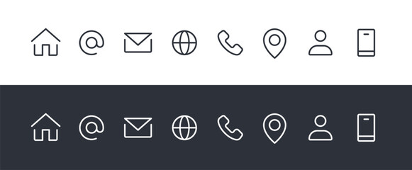 Contact Icons Set: Home, Phone, Mobile, Email, Address, Location, Website, Globe, – Vector Collection. Contact Us Linear Vector icons.