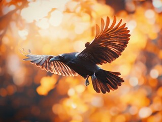 Fototapeta premium Black bird in flight with spread wings
