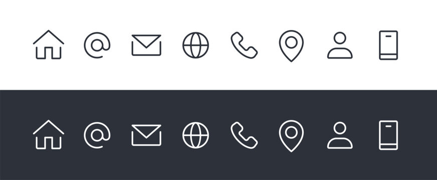 Contact Icons Set: Home, Phone, Mobile, Email, Address, Location, Website, Globe, – Vector Collection. Contact Us Linear Vector icons.