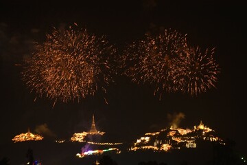 celebration fireworks and lighting at Phra Nakhon Khiri Historical Park (Khao Wang) in Thailand on night 