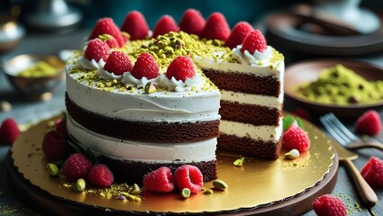 Layered Chocolate cake with raspberries and pistachios, whipped cream on golden plate, Birthday cake celebration, blur background